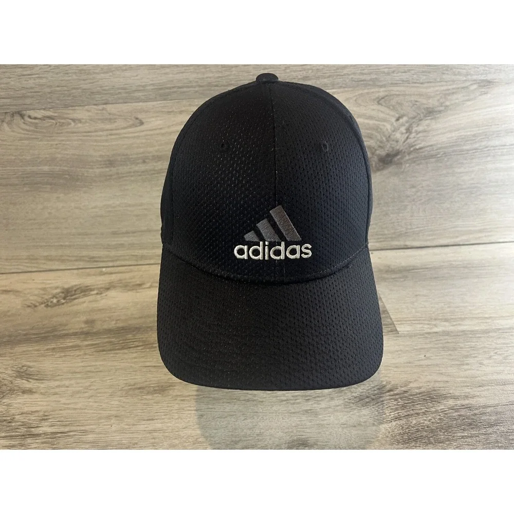Adidas‎ Black Cap Golf Hat 3-Stripe Spell-Out Logo A-Flex Size L/XL